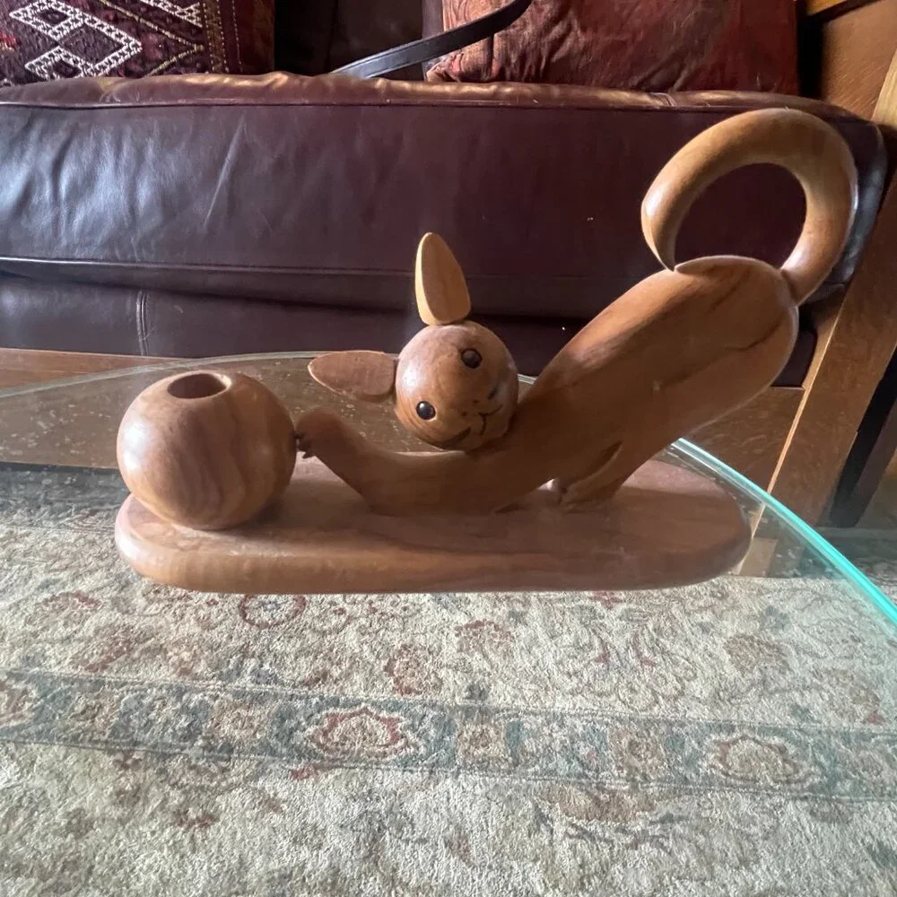 Mid Century Italian Wooden Cat with Ball Pen Holder